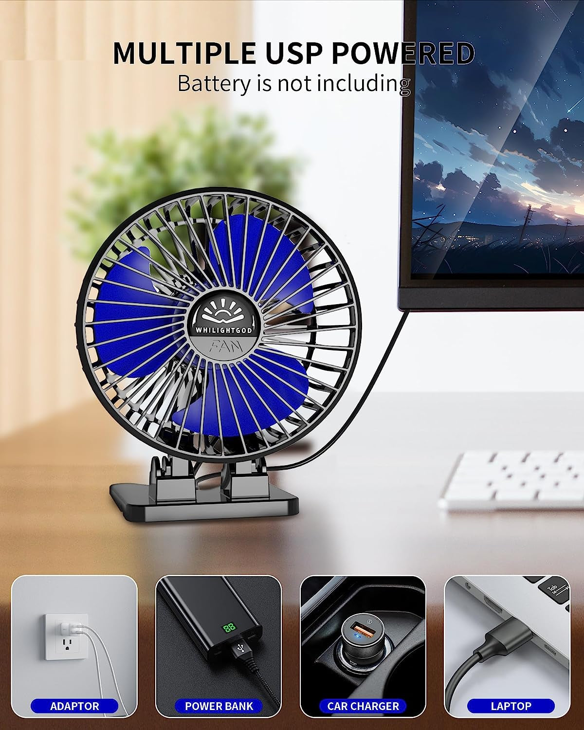 Desk Fan, USB Fan for Desk, Mini Desk Fan, 3 Speed Rotation Strong Wind, Protable Small Desktop Cooling Fan, Quite Mini Personal Fan for Home Office Table Bedroom Travel Curise(Black Blue)