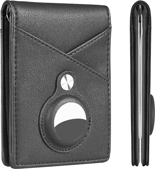 Bifold Wallet for Airtag with Spring Money Clip, Mens Minimalist Bifold Wallet with Built-In Holder for Airtag